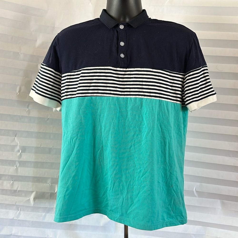 Men’s Polo Shirt Dark Blue Teal White Striped Short Sleeve – Casual Unbranded